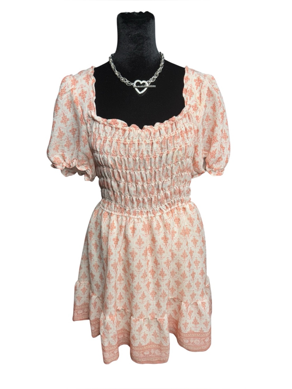 Mine smocked puff sleeve mini dress pink cream boho cottagecore size L - Picture 2 of 7